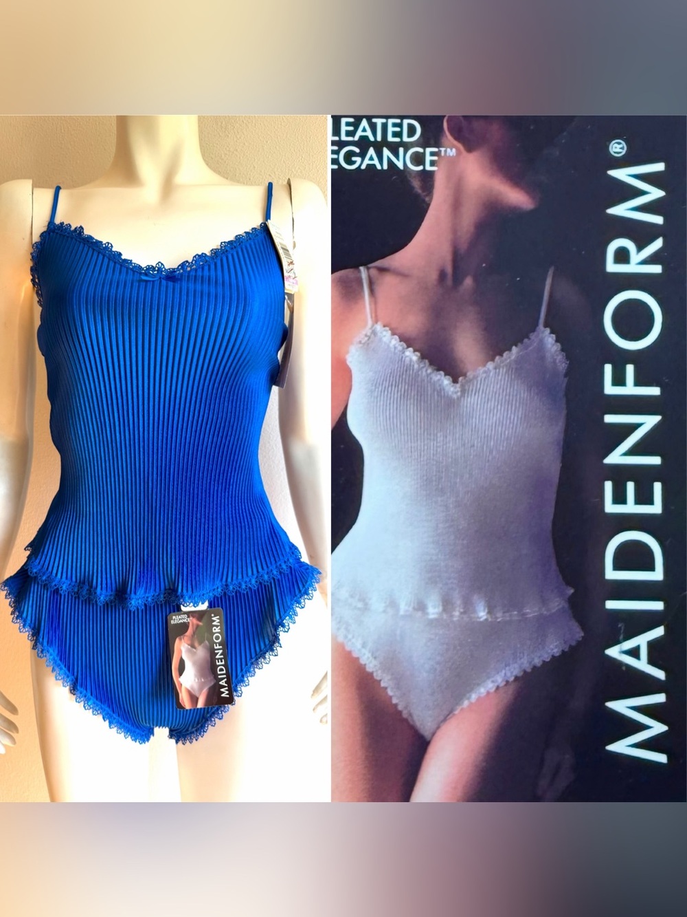 Vintage Maidenform Camisole Panties Set Hi Cut Fairycore Pleated Elegance Blue M - Picture 2 of 11